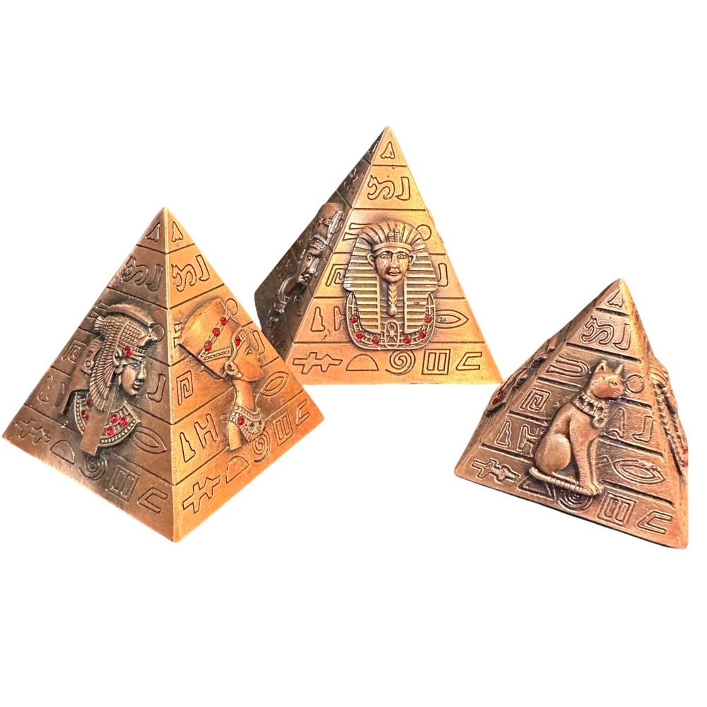 Egyptian Pyramid Figurine Set Copper Tone Resin King Tut Nefertiti Bastet Small